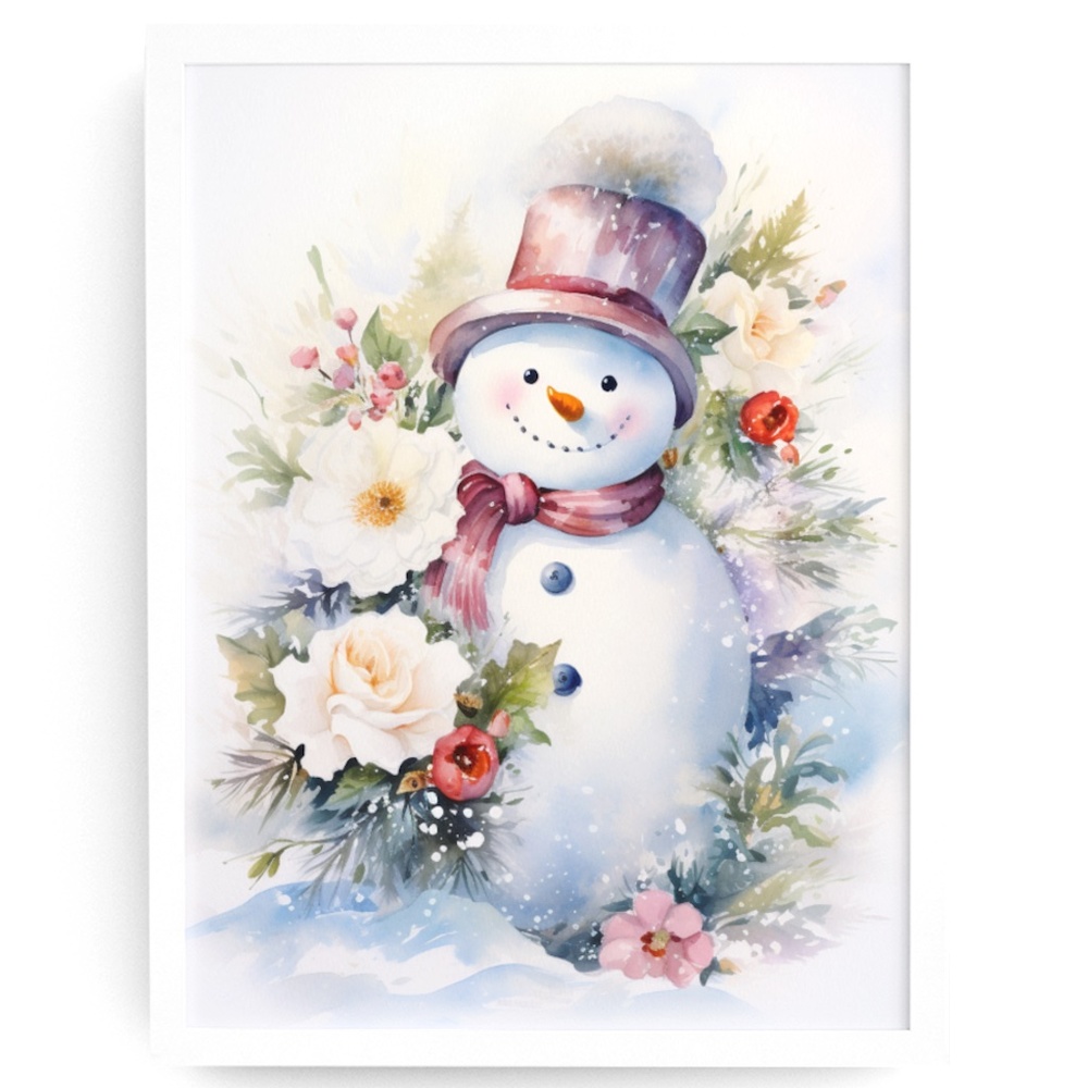 Watercolor Snowman Christmas Theme Wall Art Illustration Print Unframed